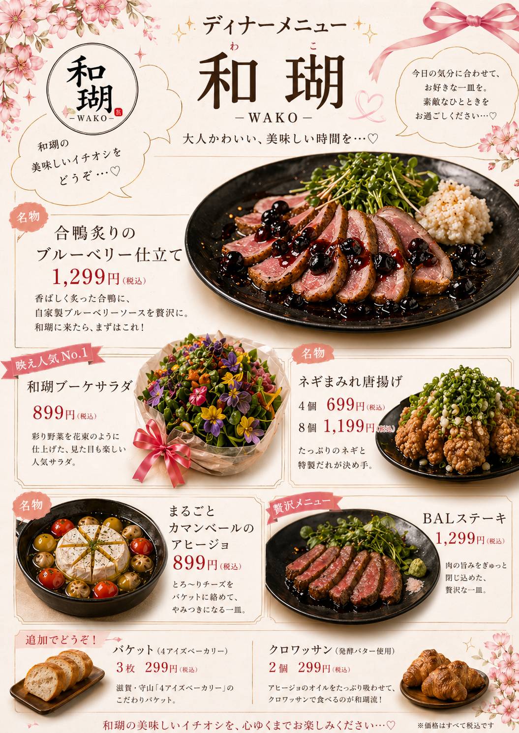 和瑚のディナーメニュー 大人かわいい、美味しい時間を